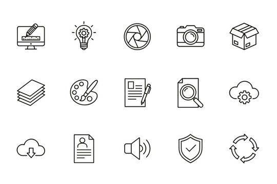 Set of thin line graphic design icons including digital creativity, photography, art palette, cloud storage, document editing, security, and multimedia concepts for creative projects