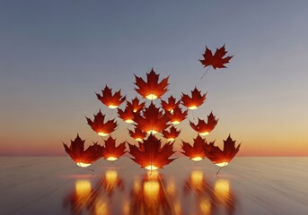 Autumn Maple Leaves Orange Glow Floating Reflecting Water Sunset Background Calm Sky