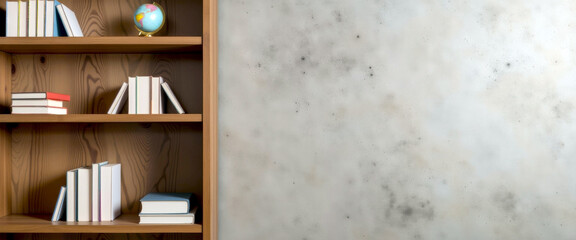 Cozy bookshelf with assorted books and globe on wooden shelves against textured wall with copy space