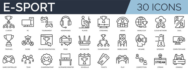Set of 30 outline icons related to e-sport. Linear icon collection. Editable stroke. Vector illustration