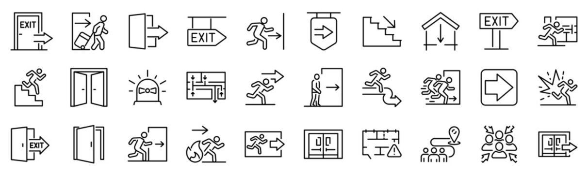 Set of 30 outline icons related to evacuation. Linear icon collection. Editable stroke. Vector illustration