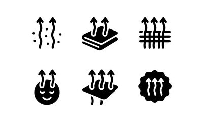 Fototapeta premium Breathable material icons set: permeability and airflow symbols in solid style