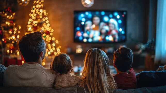 happy family making christmas video call on TV, festive home interior, warm lights, emotional connection