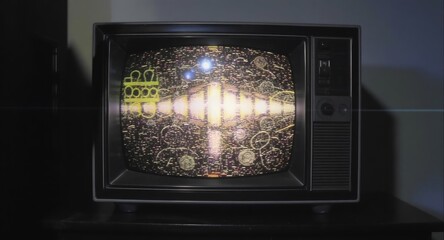 Vintage TV, distorted screen, retro game