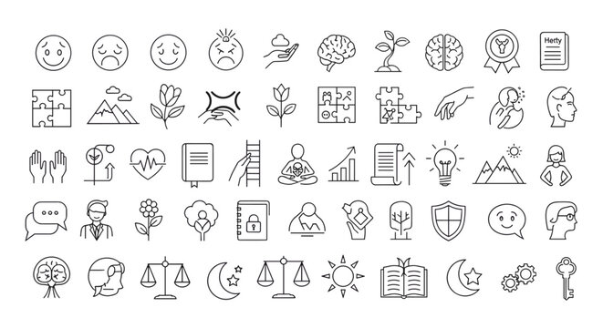 Mental health and psychology concept icons set, emotional expression symbols, brain, growth, balance, meditation, communication, therapy, wellness, ideas, and protection line art vectors - Powered by Adobe