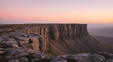 A rocky escarpment under soft pink sky
