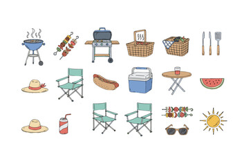 Summer picnic and barbecue vector icons set with grill, skewers, picnic baskets, folding chairs, cooler, hats, hotdog, watermelon, sunglasses, sun, and outdoor dining tools collection