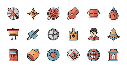 Collection of colorful vector icons including love messages, kitchen tools, sports elements, leadership person, and home symbols in modern flat style, ideal for lifestyle and leisure design projects