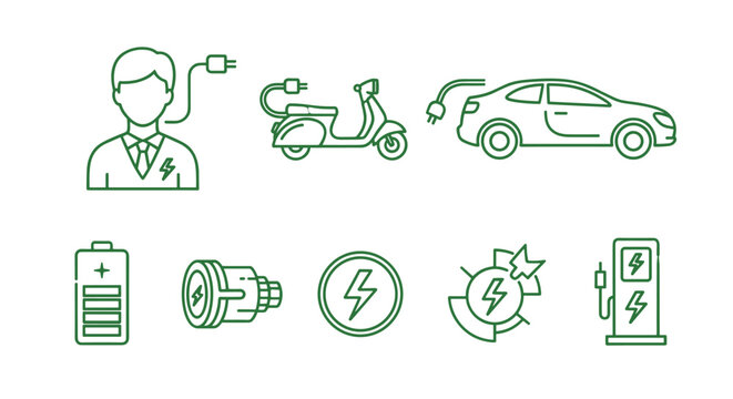 Electric vehicle technology icons set including man with plug, electric scooter, electric car charging, battery, power socket, energy symbol, renewable energy, and charging station symbols