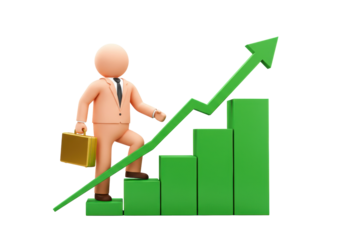 3D businessman climbing green graph isolated on transparent background, concept of business growth and success in career, upward trend