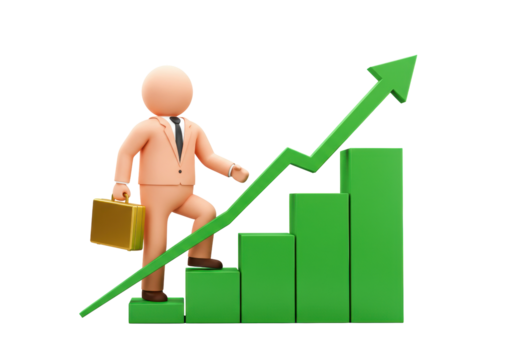 3D businessman climbing green graph isolated on transparent background, concept of business growth and success in career, upward trend