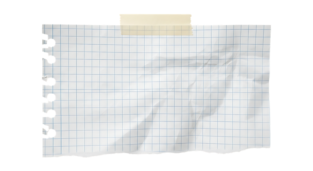Torn sheet of lined paper with tape isolated on transparent background