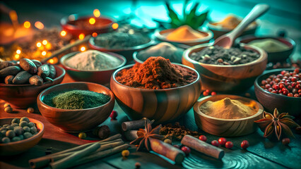 Fototapeta premium Vibrant assortment of spices and herbs in wooden bowls