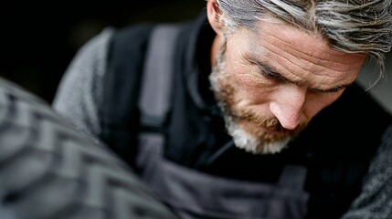 Mechanic working on car tire in garage, cinematic hands-on craftsmanship and automotive repair visual