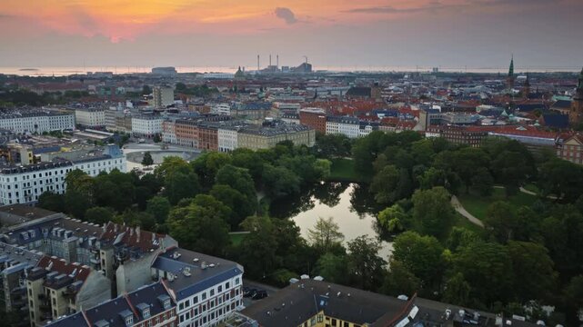 Aerial drone view over Orstedsparken and colorful street art mural in the city center
