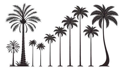 Fototapeta premium Collection of silhouetted palm trees of varying heights and styles