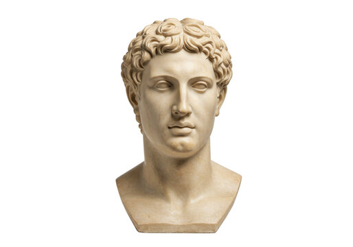 Marble bust of young man isolated on transparent background, classical sculpture of male head with curly hair, art object