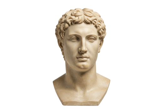 Marble bust of young man isolated on transparent background, classical sculpture of male head with curly hair, art object