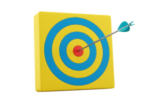Square target with arrow in bullseye isolated on transparent background, yellow and blue concentric circles for archery and success