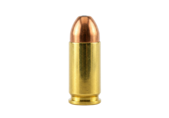 9mm Luger cartridge isolated, a brass-cased bullet with a copper jacket for self-defense, target practice, and shooting sports
