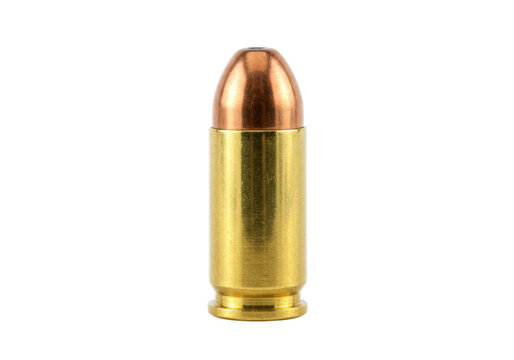 9mm Luger cartridge isolated, a brass-cased bullet with a copper jacket for self-defense, target practice, and shooting sports