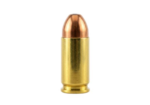 9mm Luger cartridge isolated, a brass-cased bullet with a copper jacket for self-defense, target practice, and shooting sports