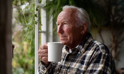 Portrait of an elderly man in a flannel shirt drinking tea beside a window with diffused light