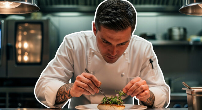 Talented chef delicately garnishing a beautiful seafood dish in a modern restaurant kitchen, creating culinary artistry for a luxurious dining experience