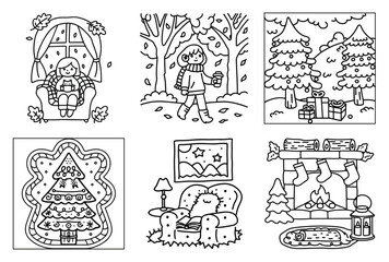 Cozy autumn day coloring page with a girl in a chair by a window, enjoying a warm drink with fallen leaves outside, perfect for fall relaxation and indoor comfort scenes.