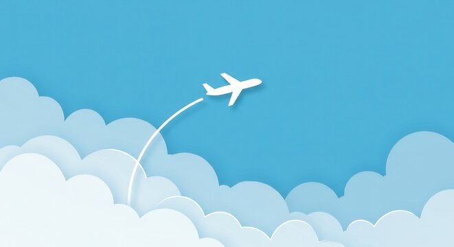 Plan your dream vacation with this modern airplane illustration soaring through fluffy clouds on a blue sky backdrop, perfect for travel promotions and airline marketing