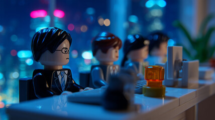 夜景の見えるコーナーオフィスで日本人の列が静かに業務を続ける