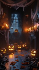 Spooky halloween night scene with glowing jack-o-lanterns and flickering candles