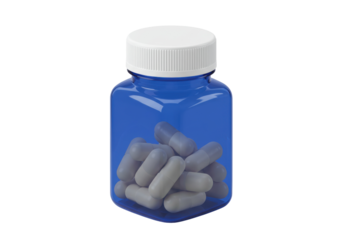 Blue plastic pill bottle with gray capsules isolated on transparent background, medicine container for healthcare and pharmaceutical use