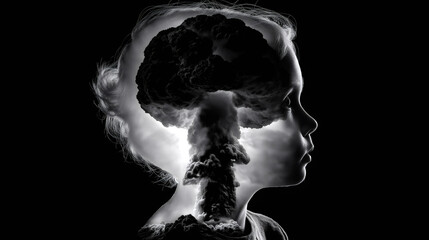 Double exposure of a child's silhouette with a nuclear explosion in their brain. Conceptual art representing the psychological impact of war and trauma. Black and white profile on a dark background