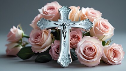 Elegant silver cross adorned with delicate pink roses symbolizing faith and beauty