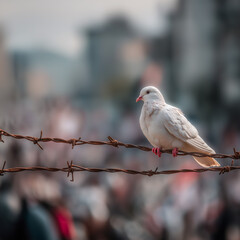 A white dove of peace perched on rusty barbed wire. Symbolic image of freedom versus conflict and captivity. Hope and anti-war concept