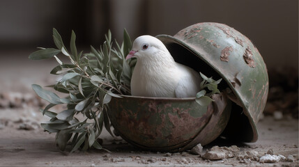 A white dove of peace with an olive branch nests in a rusty military helmet. Conceptual image symbolizing hope and the end of war. Anti-war metaphor