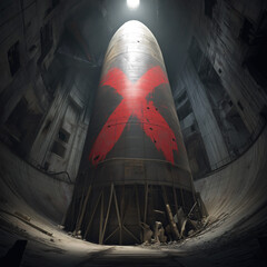 A nuclear missile with a red X in an abandoned underground silo. Dystopian military bunker scene. Anti-nuclear war and apocalypse concept