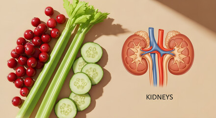 Natural kidney-friendly foods including celery, cranberries, and cucumber, photographed in a bright minimalist style.