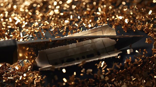 Torn movie ticket stub sliced by knife on sparkling surface  