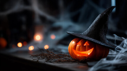 Dark moody halloween background with glowing pumpkin and witch hat spooky atmosphere halloween night eerie decoration mysterious ambiance haunted aesthetic dark celebration