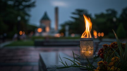 A memorial candle with a Star of David burns at dusk. Commemorative flame for remembrance and tribute at a solemn vigil. Outdoor monument background