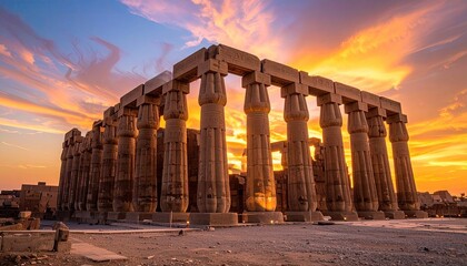 Ancient Egyptian Temple Ruins Bathed in Golden Sunset Light Majestic Stone Columns Under a Dramatic Orange and Yellow Sky