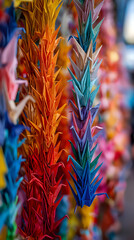 Colorful Japanese origami paper cranes hanging in garlands. Senbazuru as a traditional symbol of hope and peace. International Day of Anti-Nuclear Actions concept