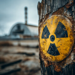 A weathered radiation warning symbol in the Chernobyl exclusion zone. Close-up of a danger sign with the nuclear power plant sarcophagus in the background. Post-apocalyptic scene from Pripyat, Ukraine