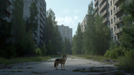 A lone wolf stands on a street in the abandoned city of Pripyat. Post-apocalyptic scene in the Chernobyl exclusion zone. Nature and wildlife reclaiming urban ruins