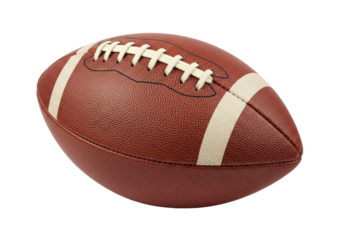 American football isolated on white, brown leather ball with white stripes for sports equipment and game day
