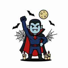 Cartoon Vampire in the Moonlight with Bats and Candles Illustration