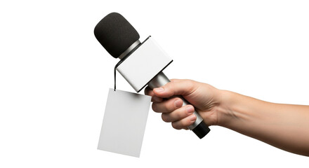 Journalist's hand holds professional microphone with blank tag for broadcasting breaking news or conducting interviews