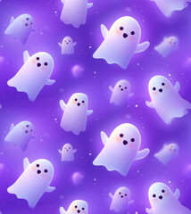 A seamless pattern of cute cartoon ghosts on a purple background. Whimsical Halloween character design. Repeating tileable wallpaper